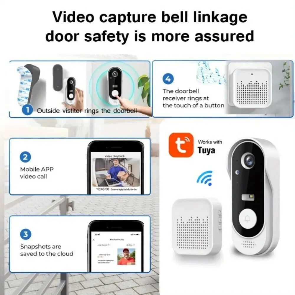 Tuya WiFi Video Doorbell - 2-Way Audio, Outdoor 1080P HD, SD+Cloud Storage, Motion Detection, Easy Setup & Live Alerts by stepyours.com