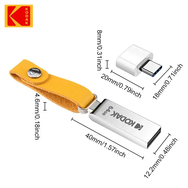 KODAK USB Flash Drives Mini Pen Drive 128GB 64GB 32GB Pendrive Waterproof USB Memory Stick Leather Landyard + Type C Adapter