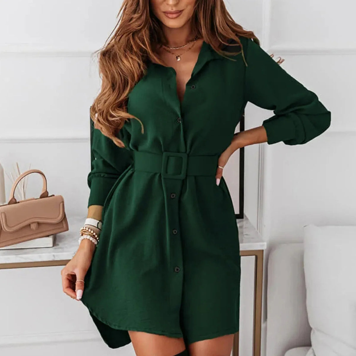 Curve Lapel Slim Shirt Dress