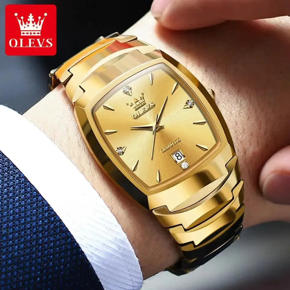 OLEVS Gold Tungsten Steel Square Dial Watch For Men