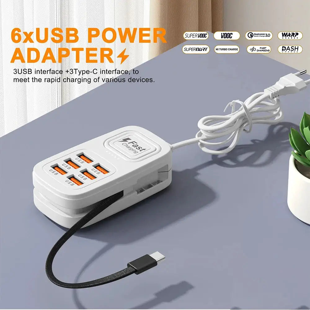 6 Ports USB Fast Charger Power Strip Desktop Charging Station Fast Charging EU/UK/US Plug USB HUB Adapter Socket 3Type C 3USB