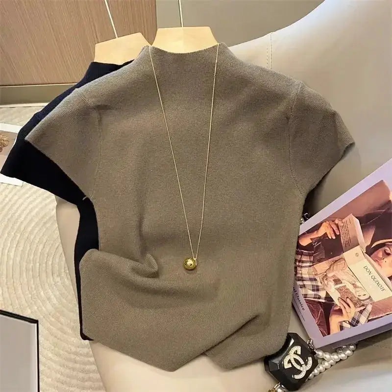 Basic Turtleneck Solid Thin Summer 2026 Pullover Women Female Knitted Sweater Slim Short Sleeve Bodycon Sweater