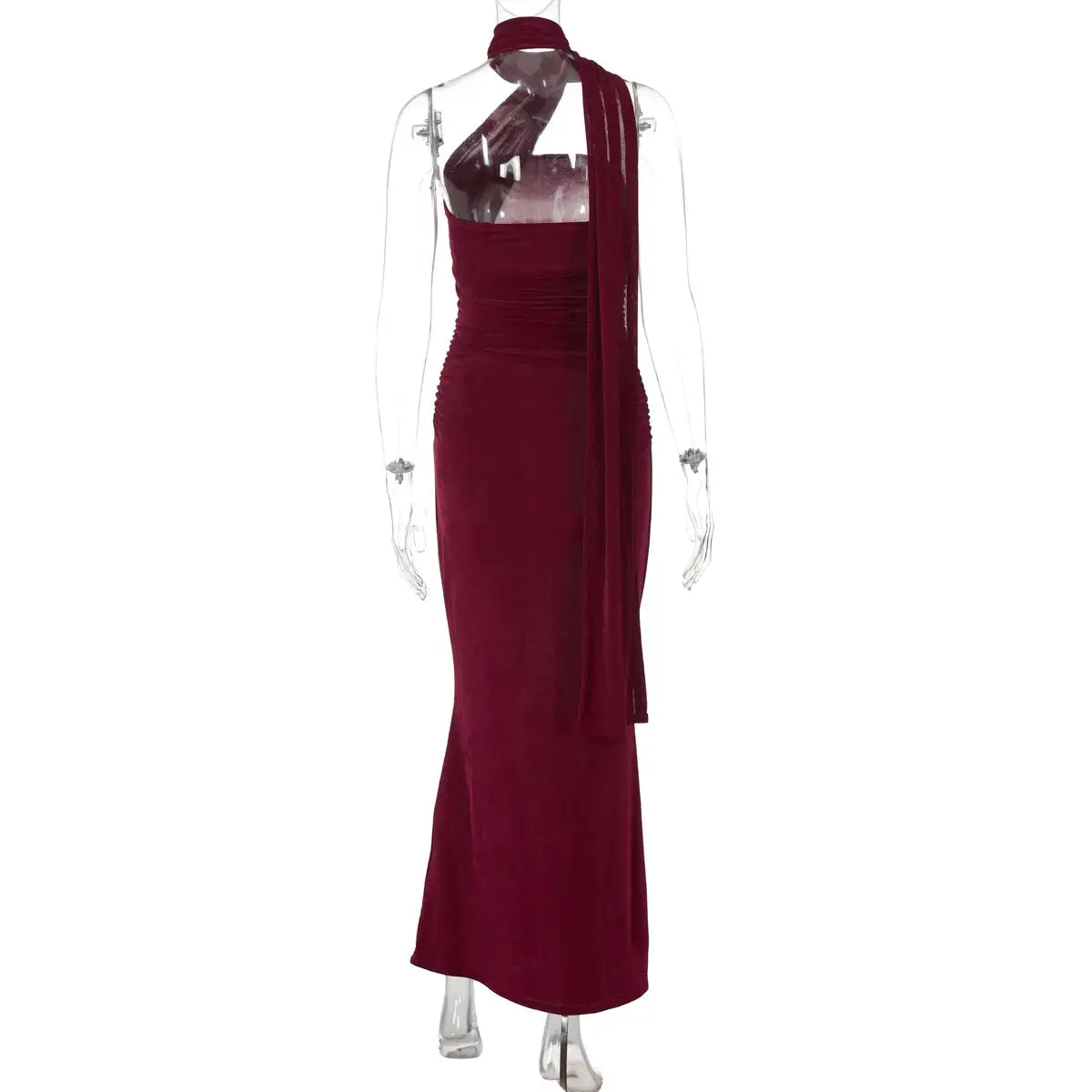 Hugcitar Halter Neck Backless Ruched Bodycon Maxi Gown For Elegant Evening Event - product image 4