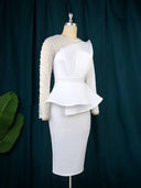 Elegant White Peplum Dress with Beaded Mesh for Events