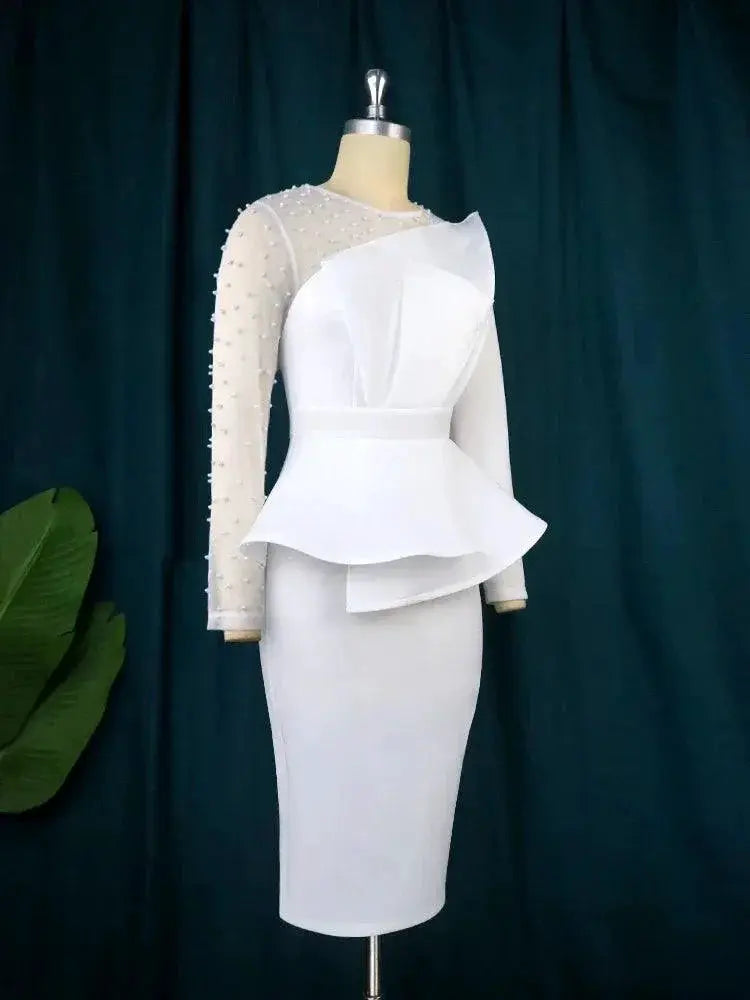 Elegant White Peplum Dress With Beaded Mesh For Events