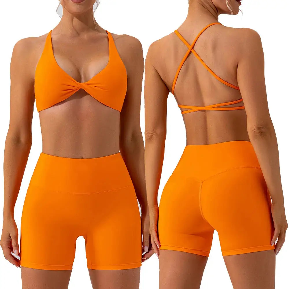 Women's 2 Piece Yoga Gym Sports Set Cross Back Bra Top & High Waist Shorts Fitness Running Workout Tracksuit