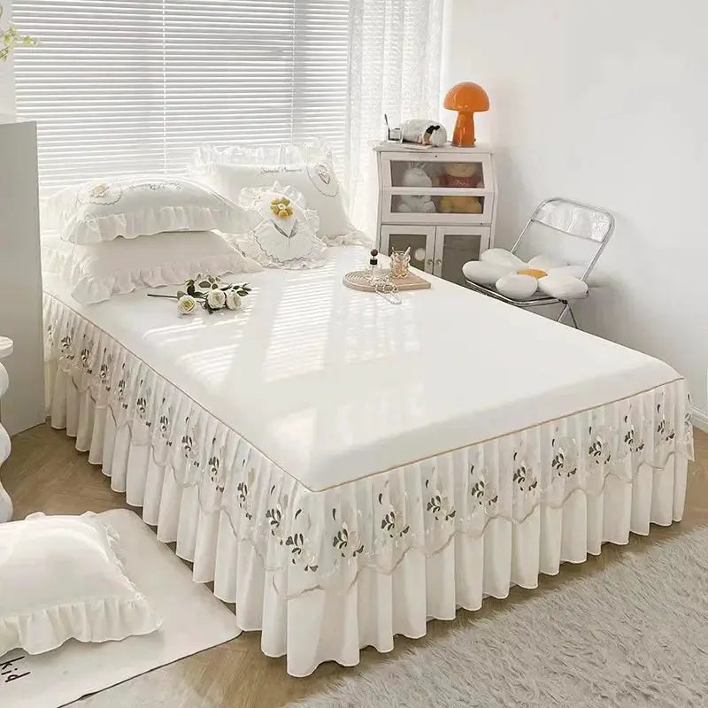 Lace Washed Cotton Bed Skirt Twin Queen Size Bedspread Set