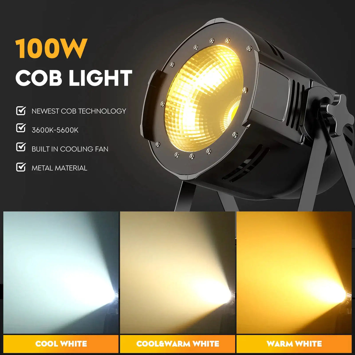 U'King 2PCS 100W COB LED Par Light Aluminium DMX Control Warm/Cold White LED Stage Light Effect for DJ Concert Party Wedding