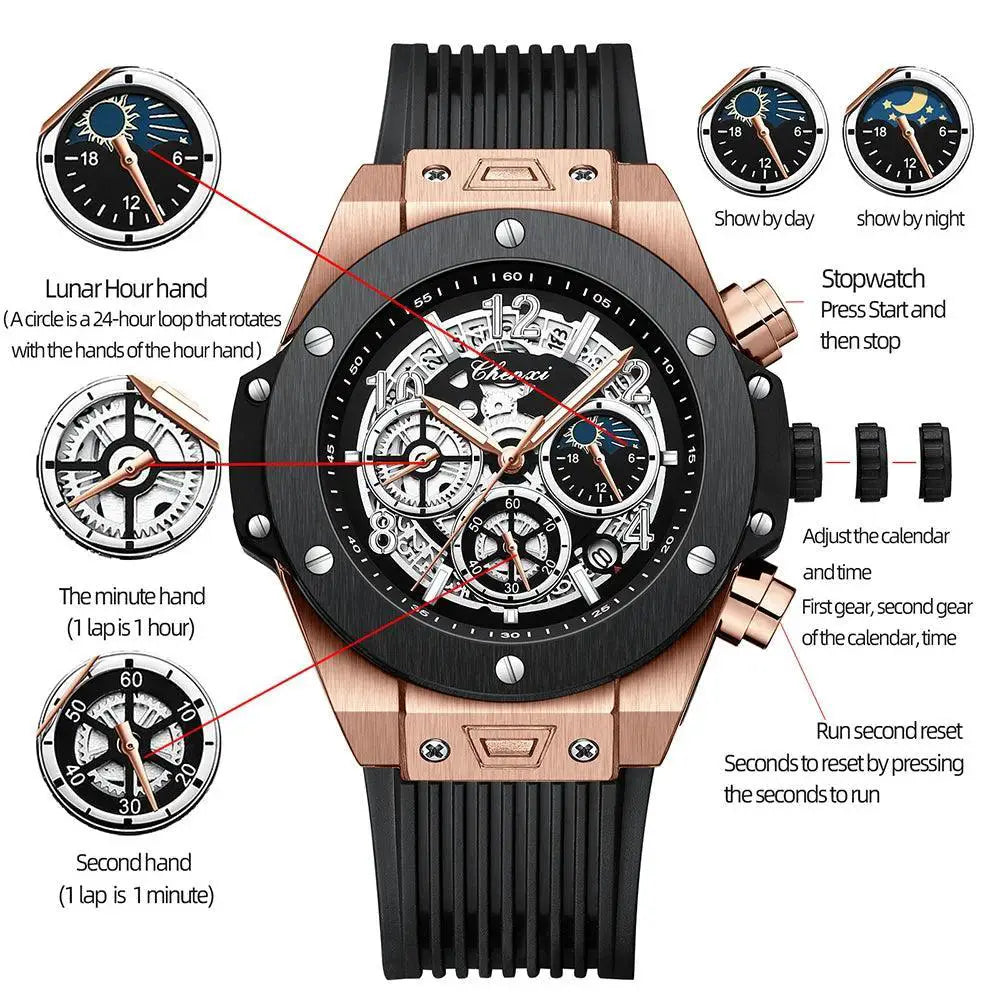 Black Silicone Moon Phase Chronograph Waterproof Watch