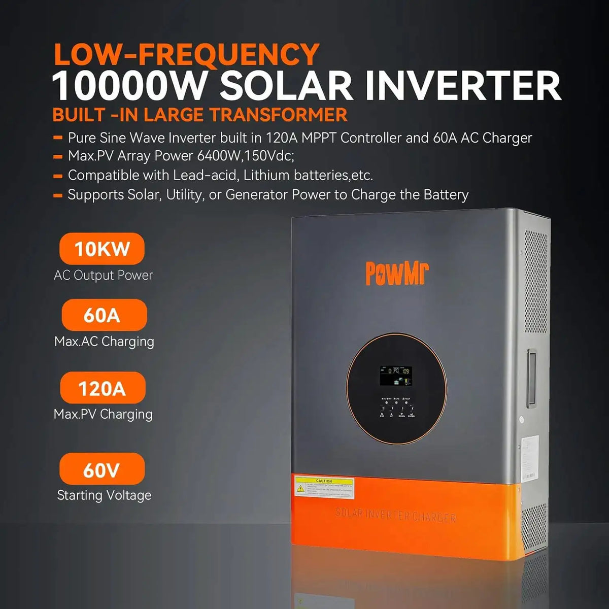 PowMr 10KW 5KW Split Phase Inverter 48V 110V or 220V Low Frequency Inverter Off Grid with MPPT 120A Solar Battery Charger Max PV 245V