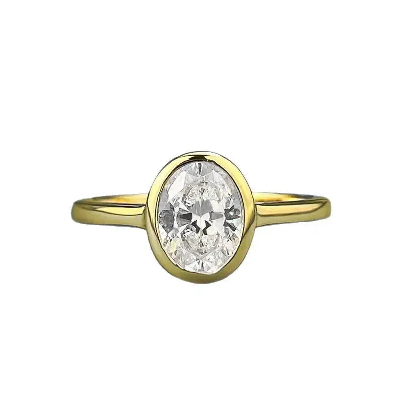Classic Oval Moissanite Ring Gold Plated 925 Silver Bezel Set Promise Ring for Bridal Wedding