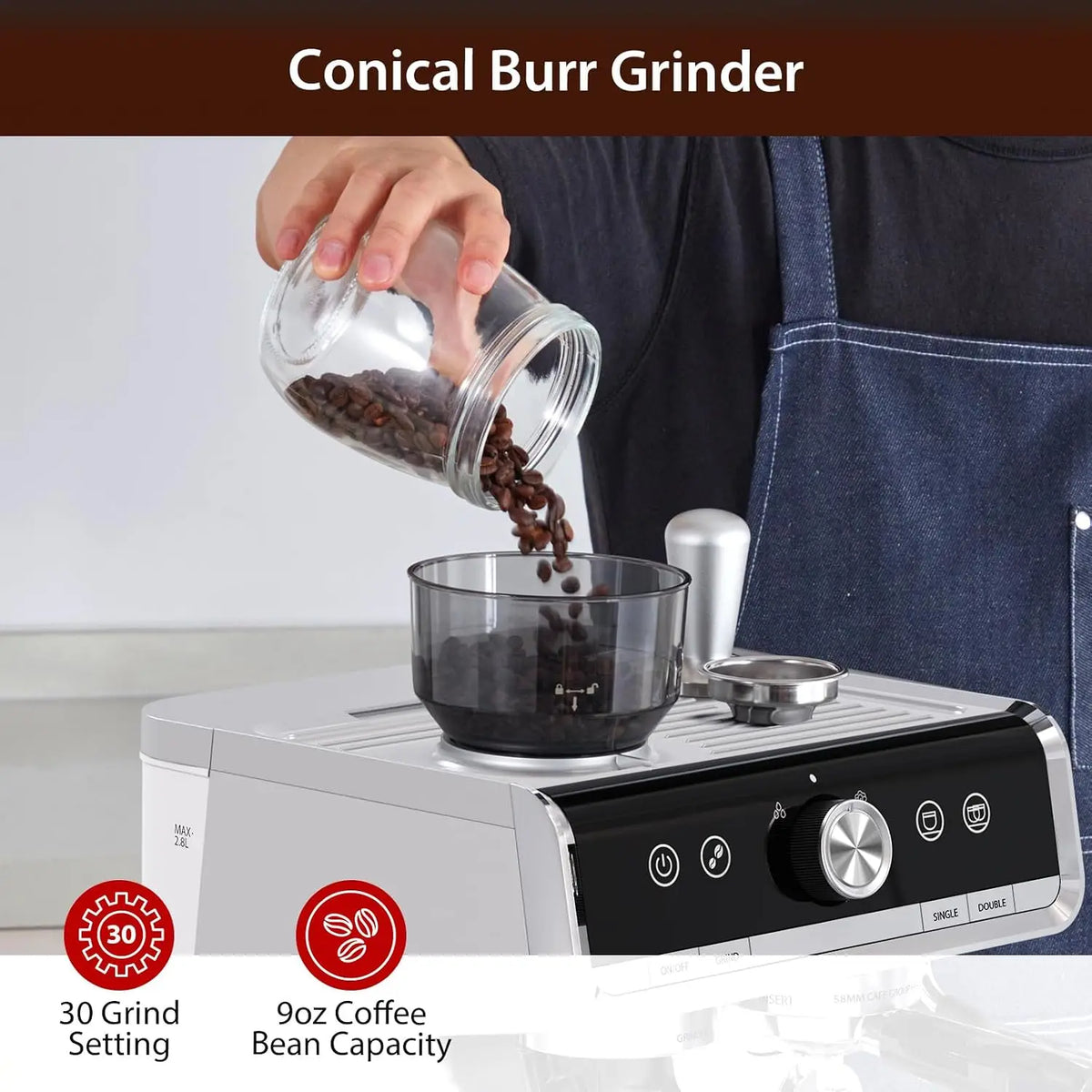 Espresso Machine with Conical Burr Grinder PID Temperature — product view 3