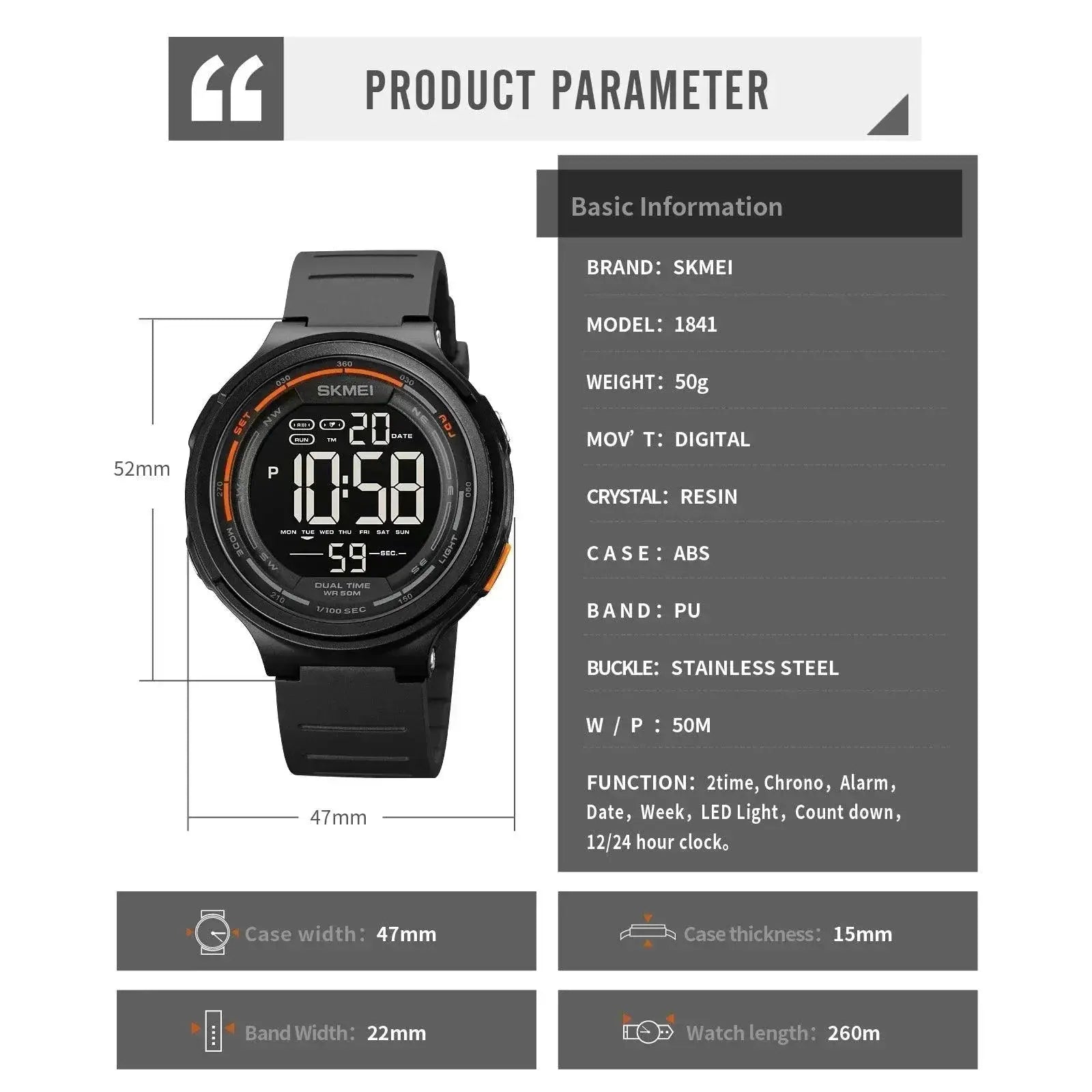 SKMEI Mens LED Sports Watch Versatile Waterproof Timer