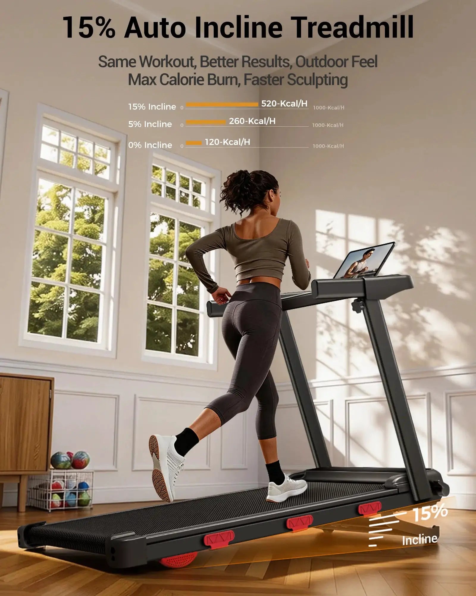 ROBORE SF60 15% Auto Incline Treadmills for Home, 10S Folds Away Portable Treadmill with Led Screen & Handle Bar Up to 300LBS Capacity, 3.0HP 7-Layer Shock-Absorbing Walking Pad Treadmill 0.6-7.5MPH