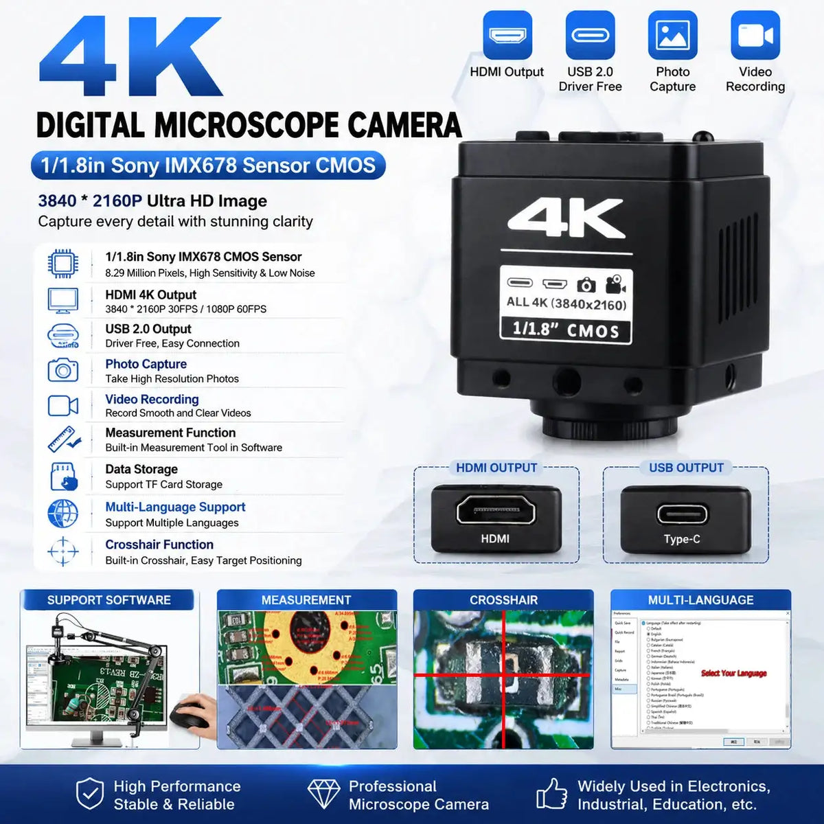 4K Electronic Digital Microscope for PCB Soldering/Phone Repair, HDMI USB IMX678 Chip Industrial Camera with Software/150X Lens