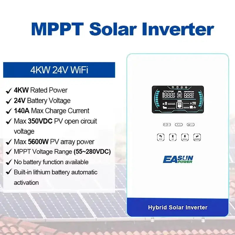 EASUN POWER hybrid Soalr Inverter 4KW MPPT 140A 350VDC PV Input 110VAC 24VDC 4000W Pure Sine Wave 6.25 Inch LCD Display Household for US
