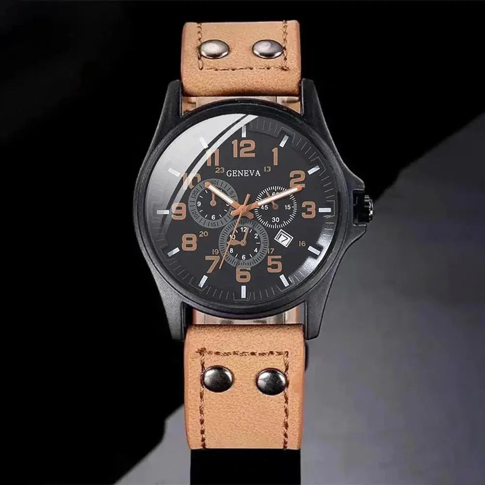 Vintage Brown Leather Watch Set Classic Business Accessory