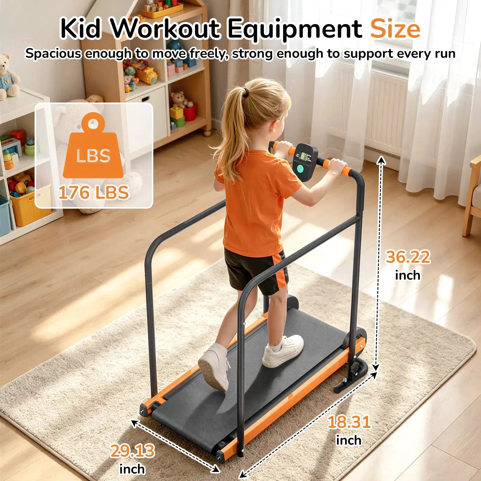 AKLUER Kids Walking Pad Treadmill - Non-Electric Indoor Exercise Equipment for Boys & Girls, Self-Propelled Fitness Toy with Front Padded Rails, Safe Active Play Gym for Home Use