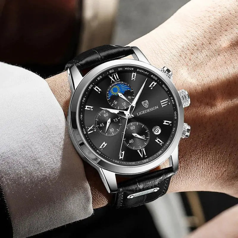 Lige Chronograph Leather Watch for Men Japanese Quartz