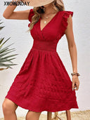 Elegant Red V-Neck A-Line Dress Chic Summer Fashion Essential