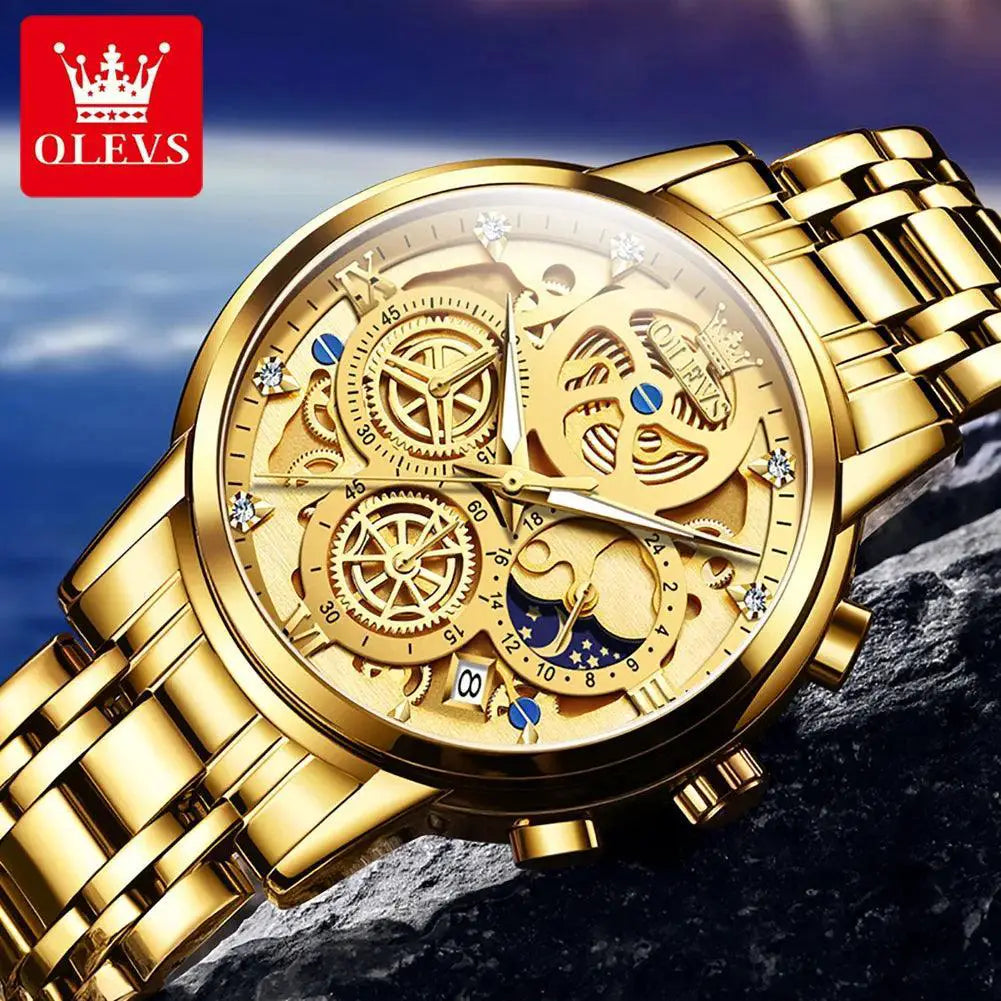 OLEVS Moon Phase Calendar Watch Stainless Steel for Men