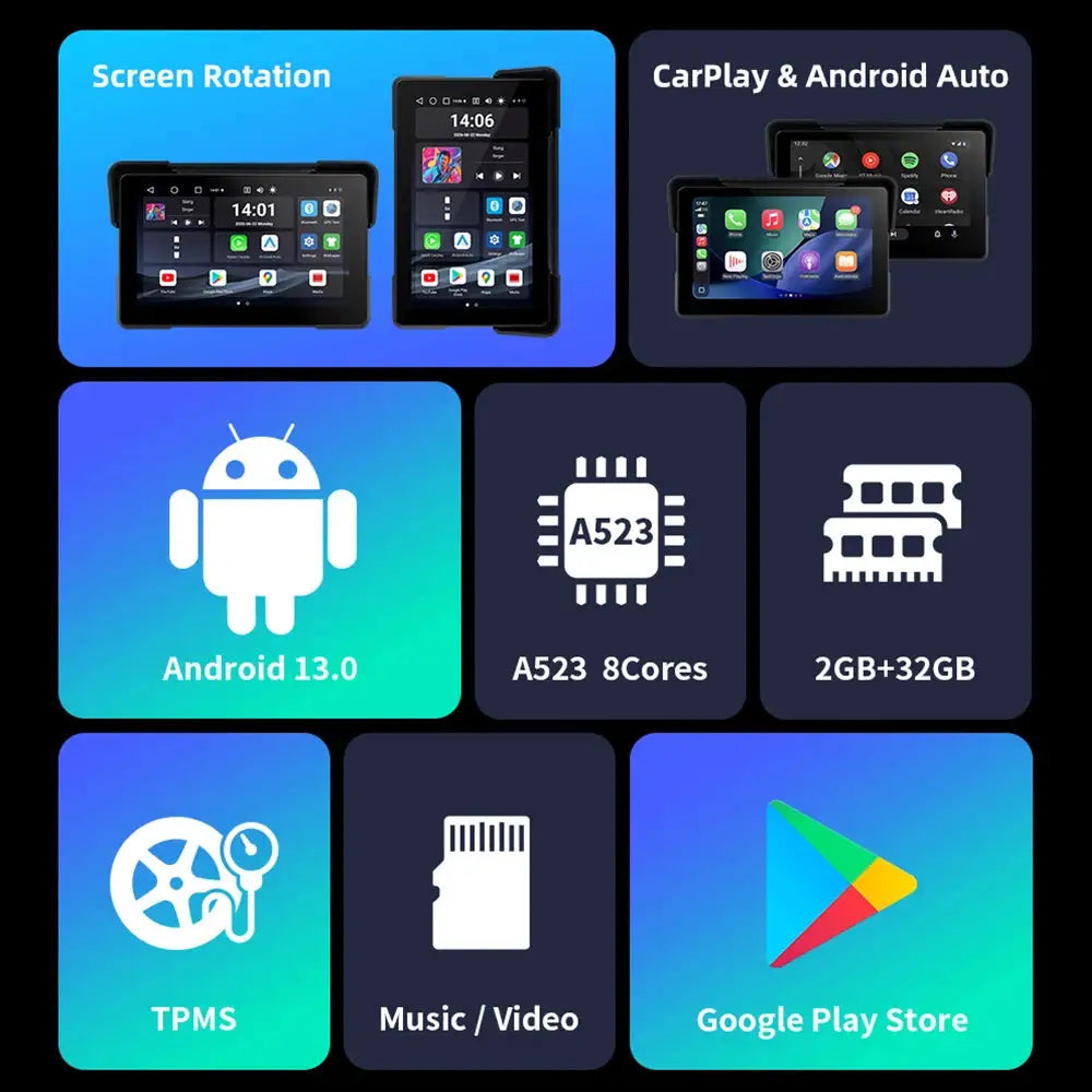 EKIY 7.0" Android 13.0 Wireless CarPlay Moto Android Auto Portable Digital Dashboard GPS Motorcycle Navigation Display Screen