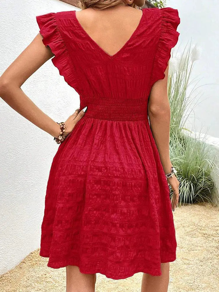 Elegant Red V-Neck A-Line Dress For Summer Chic Essentials