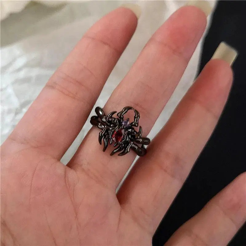 Red Crystal Heart Ring With Spider Motif Gothic Jewelry