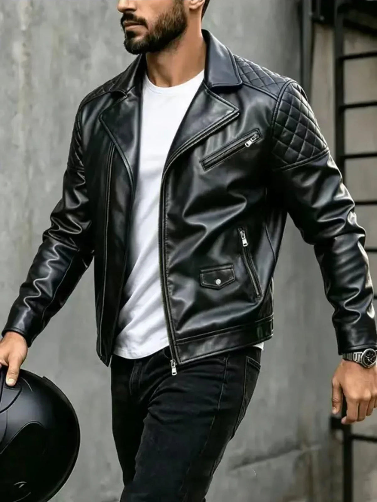 Faux Leather Lapel Leather Jacket