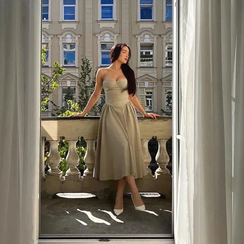Elegant Spaghetti Strap Midi Dress Women Party Slim A Line - OurLum.com