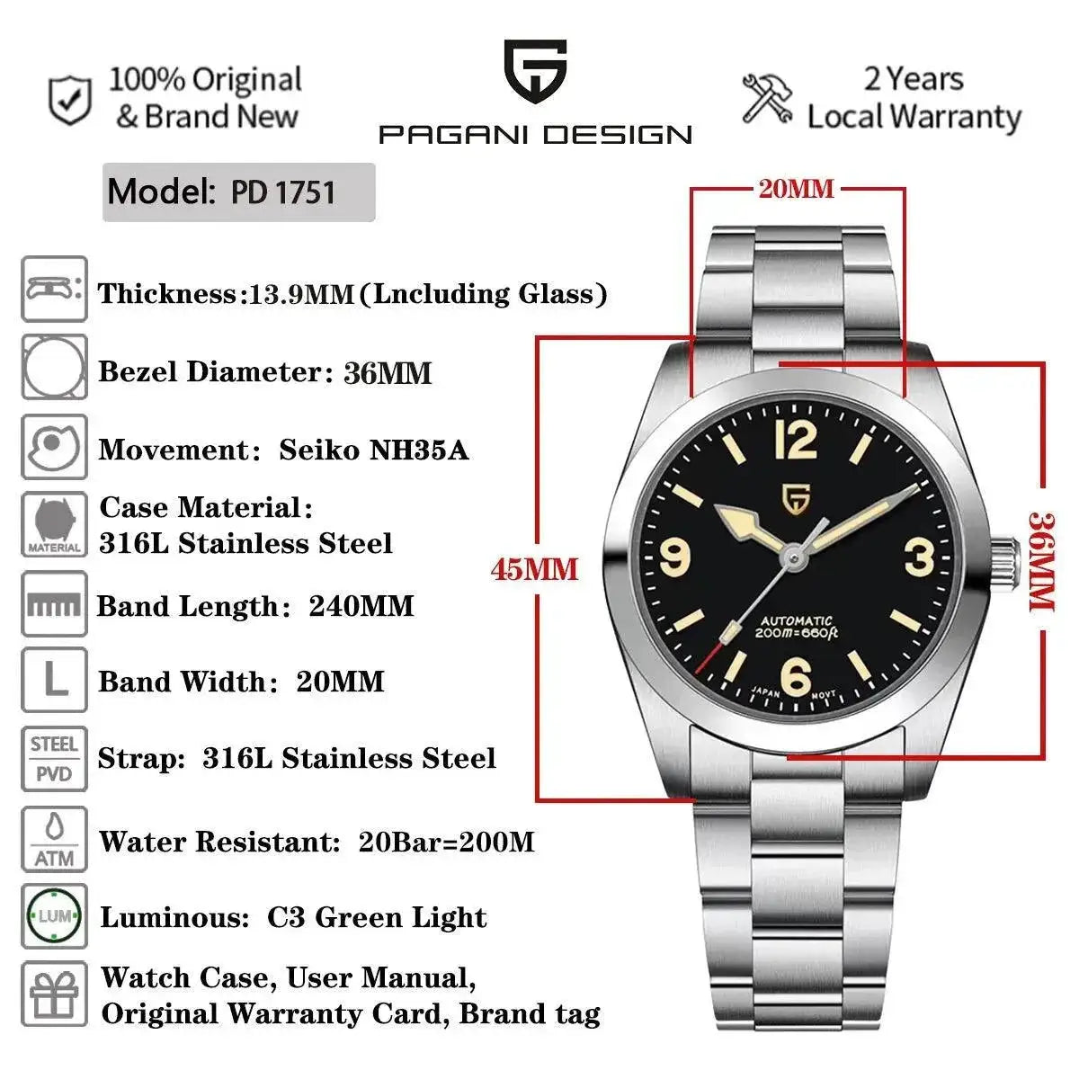 Pagani Design Mens Automatic Self Winding Luxury Watch