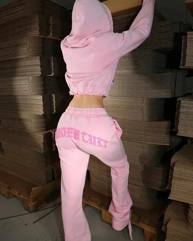 Womens Y2K Aesthetic Zipper Letter Splicing Hoodie Set