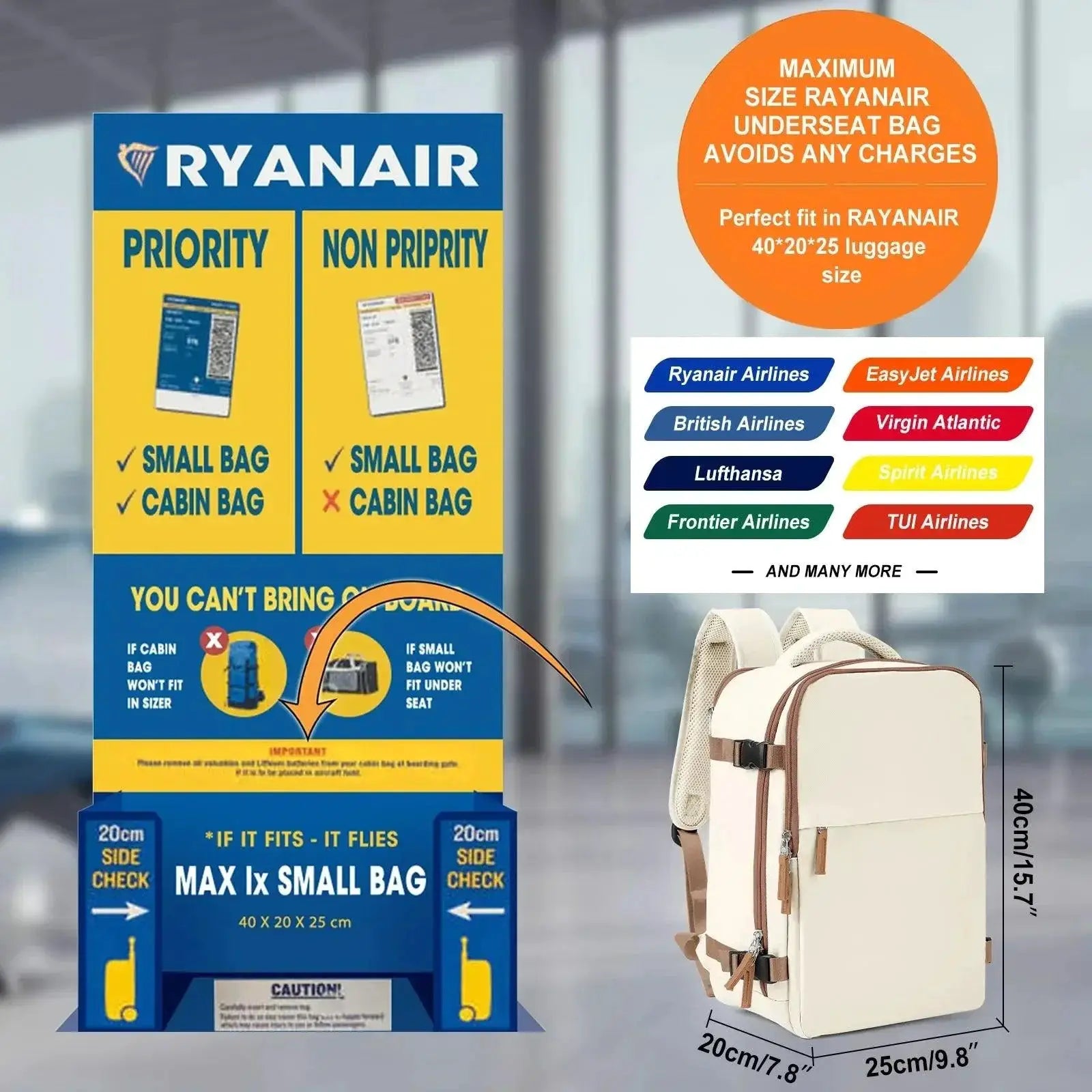 Ryanair Cabin Bag 40x20x25 Backpack Travel Laptop Bag
