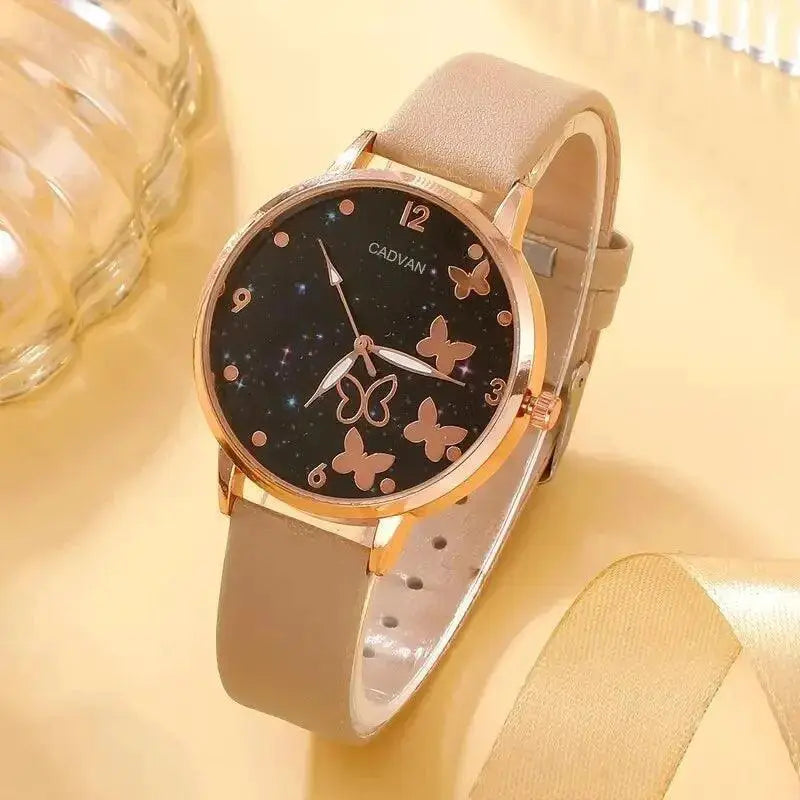Starry Sky Butterfly Dial Leather Belt Womens Fashion Watch
