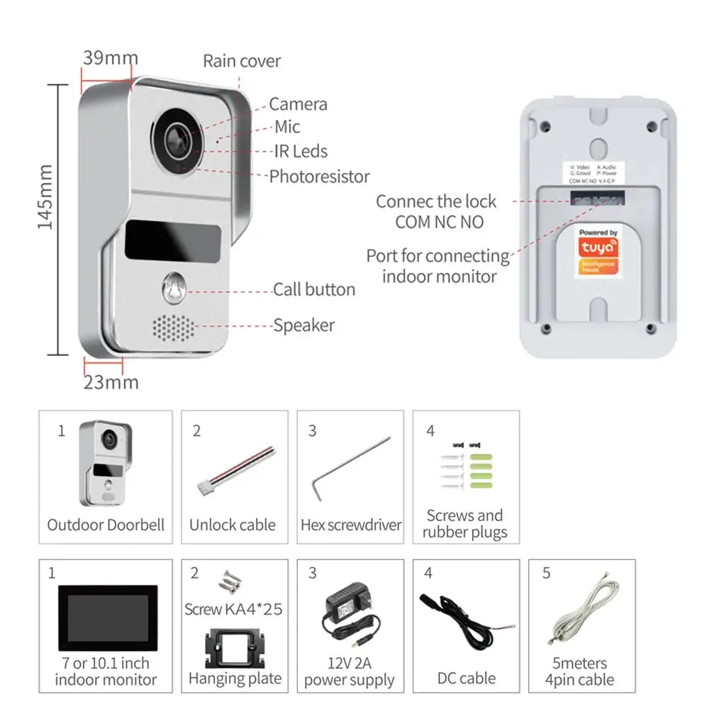 Support Tuya App 4 Wire Digital Video Intercom System 7 / 10.1 Inch Wireless WIFI Monitor 1080P Doorphone Camera Video Doorbell