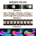 WS2815 DC12V RGBIC LED Strip Light 30/60/144 LEDs/m IP30 IP65 IP67 Hooks