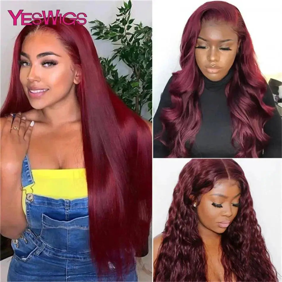 Glueless HD Burgundy 99J Straight Lace Front Wig For Women