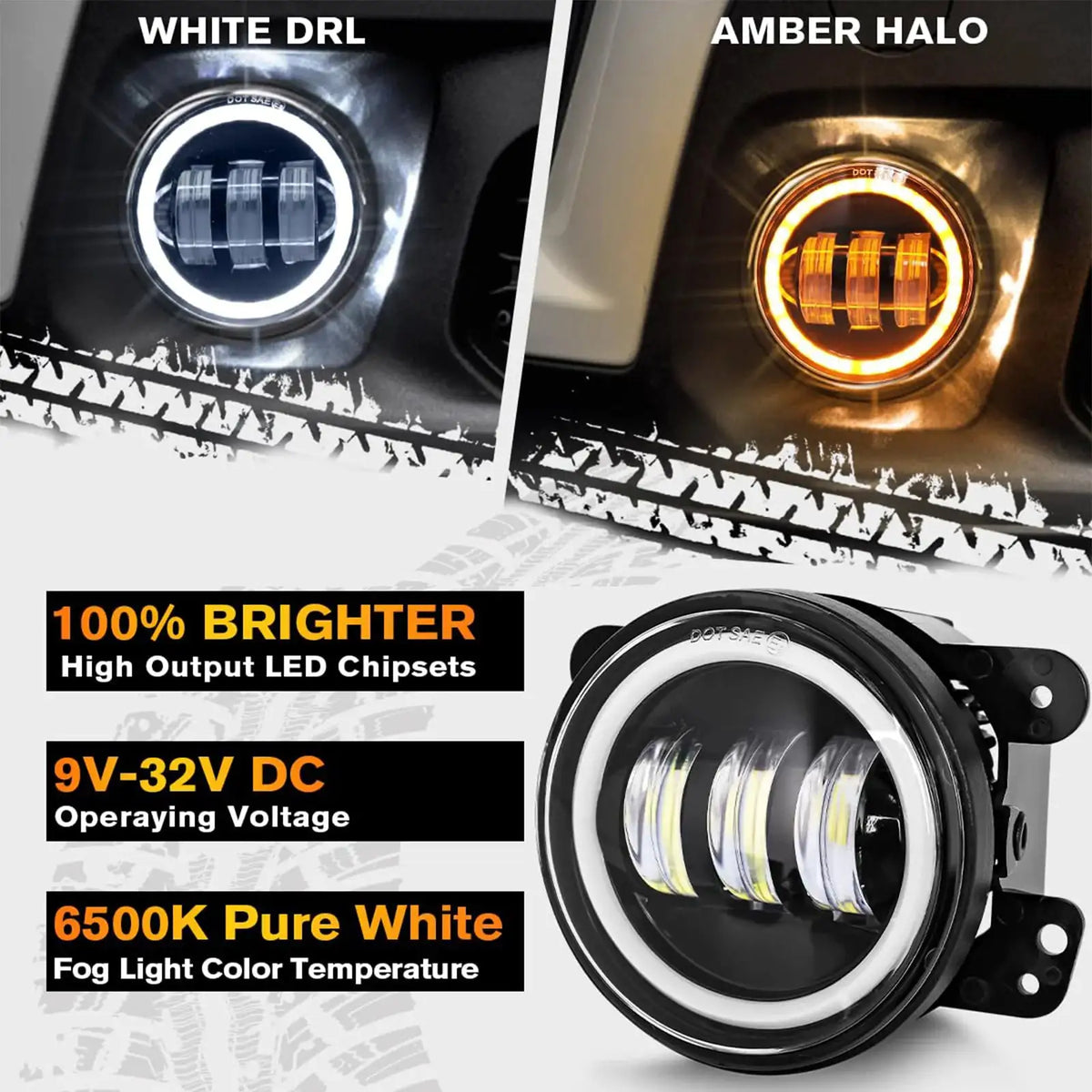 4 Inch LED Fog Lights White Angel Eyes Work Light for Jeep Wrangler JK Unlimited JKU 2007-2018 with White DRL Amber Turn Signal