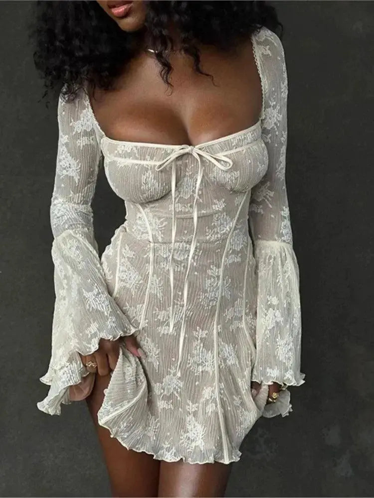 Vintage Lace Flare Sleeve Mini Dress Timeless Romantic Style