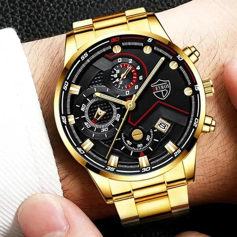 Men Stainless Steel Quartz Watch With Calendar Necklace Set
