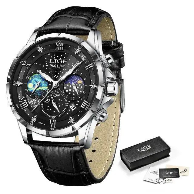 LIGE Leather Strap Chronograph Sport Watch Waterproof
