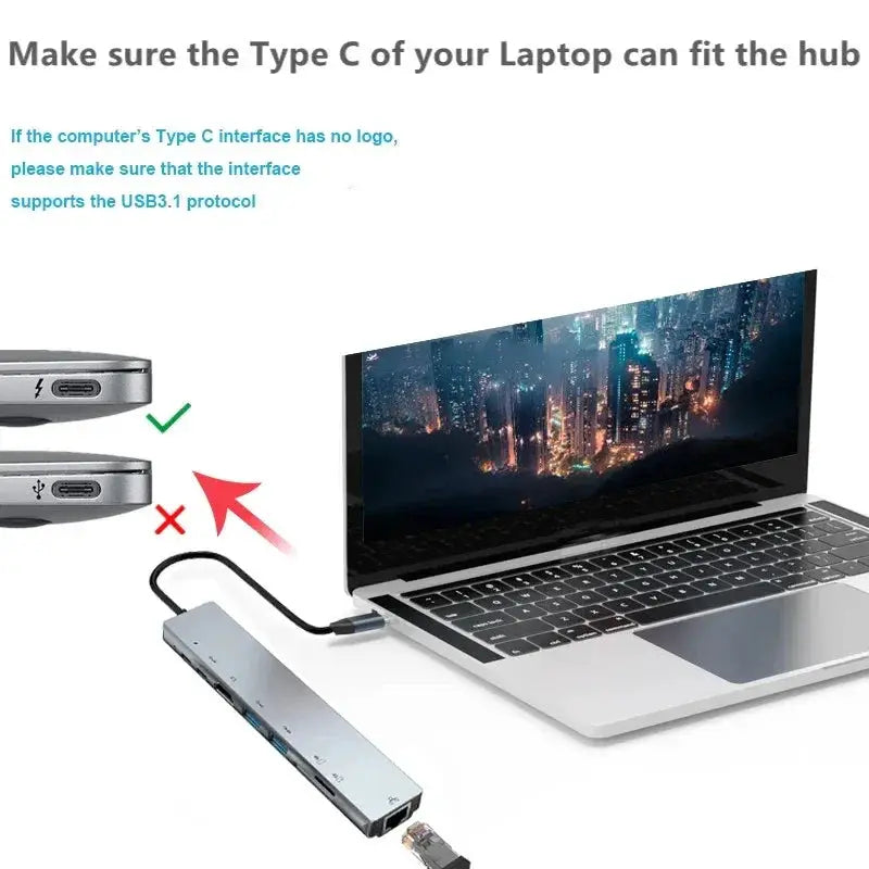 8 Port USB C Hub 2 In 1 Multiport Adapter For MacBook