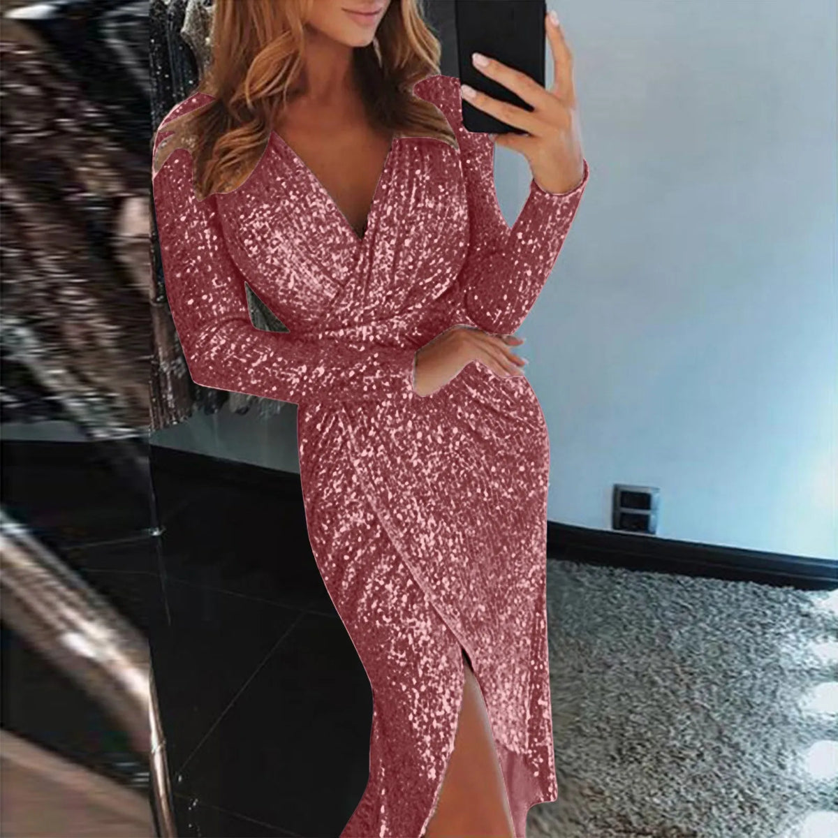 Metallic Print Long Sleeve Dress