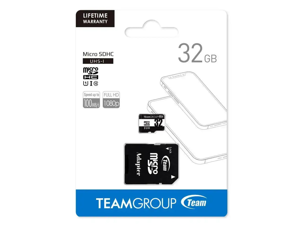 Team 32GB microSDHC UHS-I/U1 Class 10 Memory Card with Adapter, Speed Up to 100MB/s (TUSDH32GCL10U03)