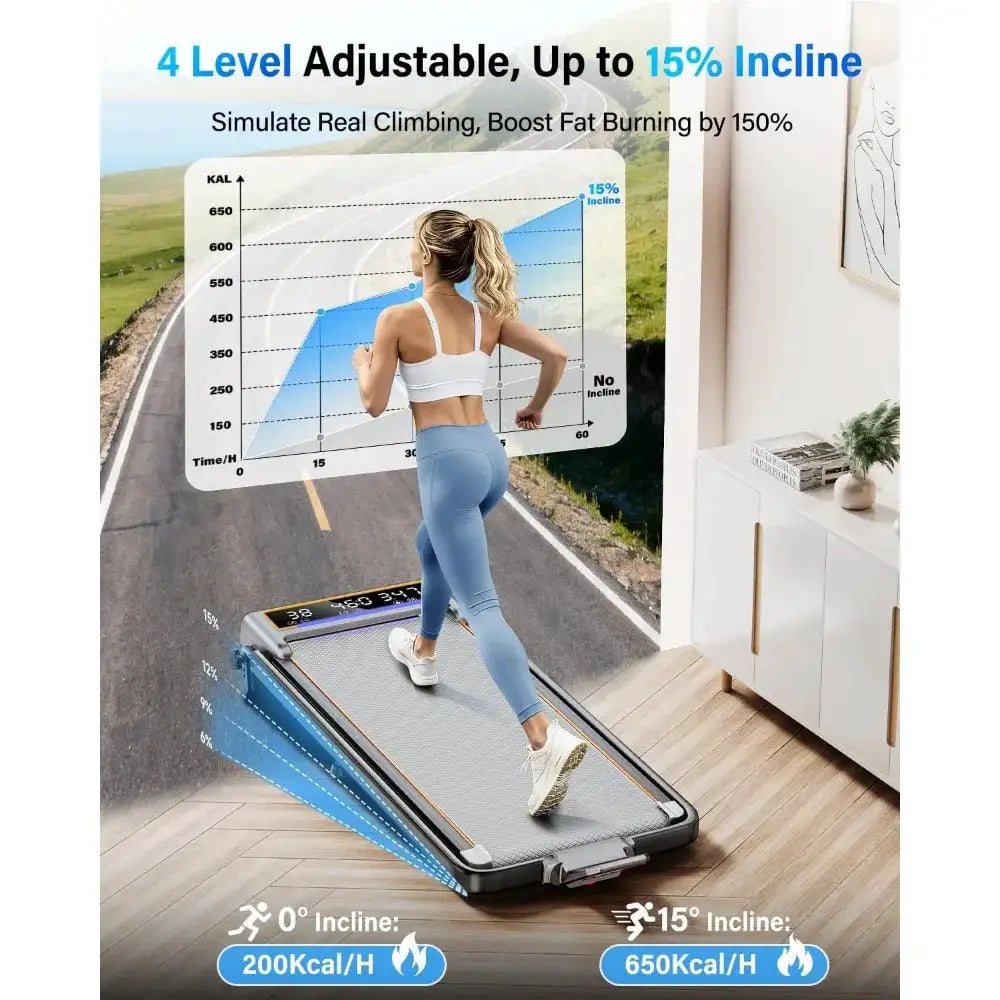 Foldable Walking Pad Treadmill with Adjustable Incline, 2 Screen Display, and RGB Light for Home Use
