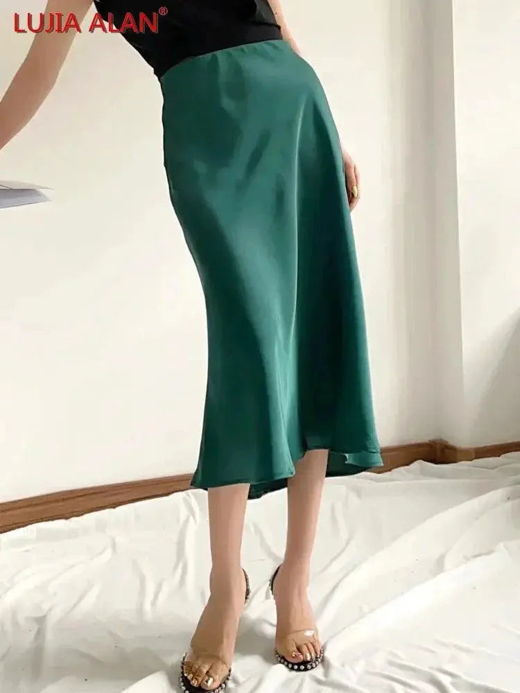 Solid Satin A Line Midi Skirt Summer Fashion Statement