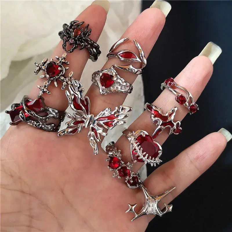 Red Crystal Heart Ring With Spider Motif Gothic Jewelry