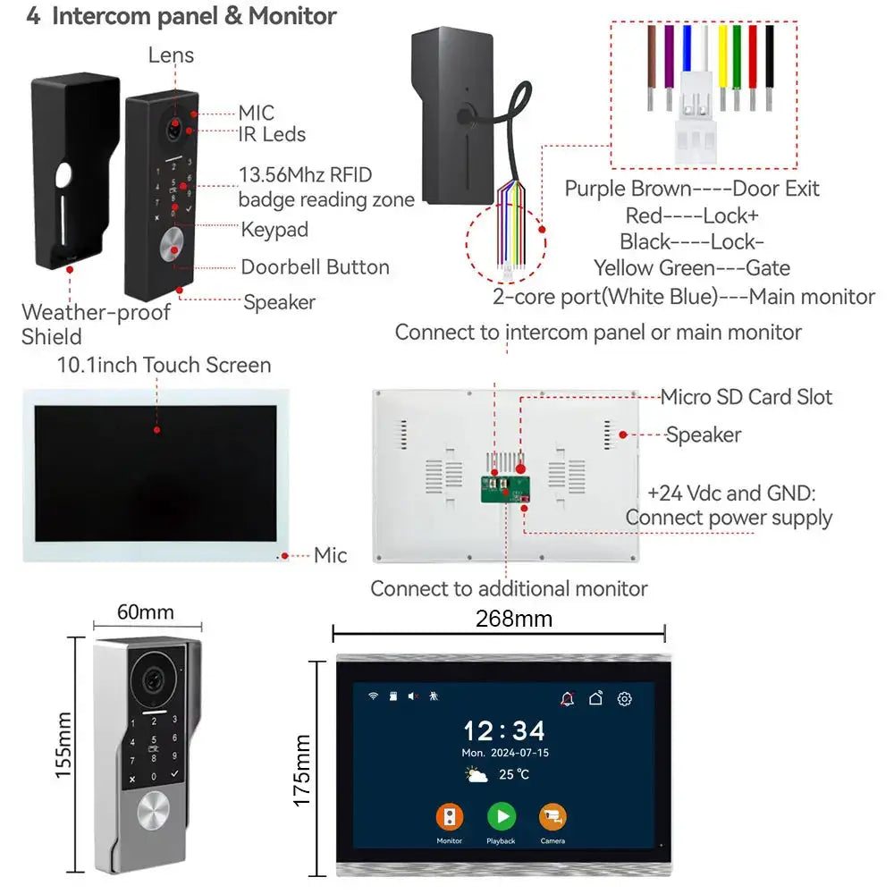 2-Wire TUYA Smart Video intercom doorbell 1080P Waterproof Camera 5G Wifi 7/10inch Touch Screen Support Password Inductive Card