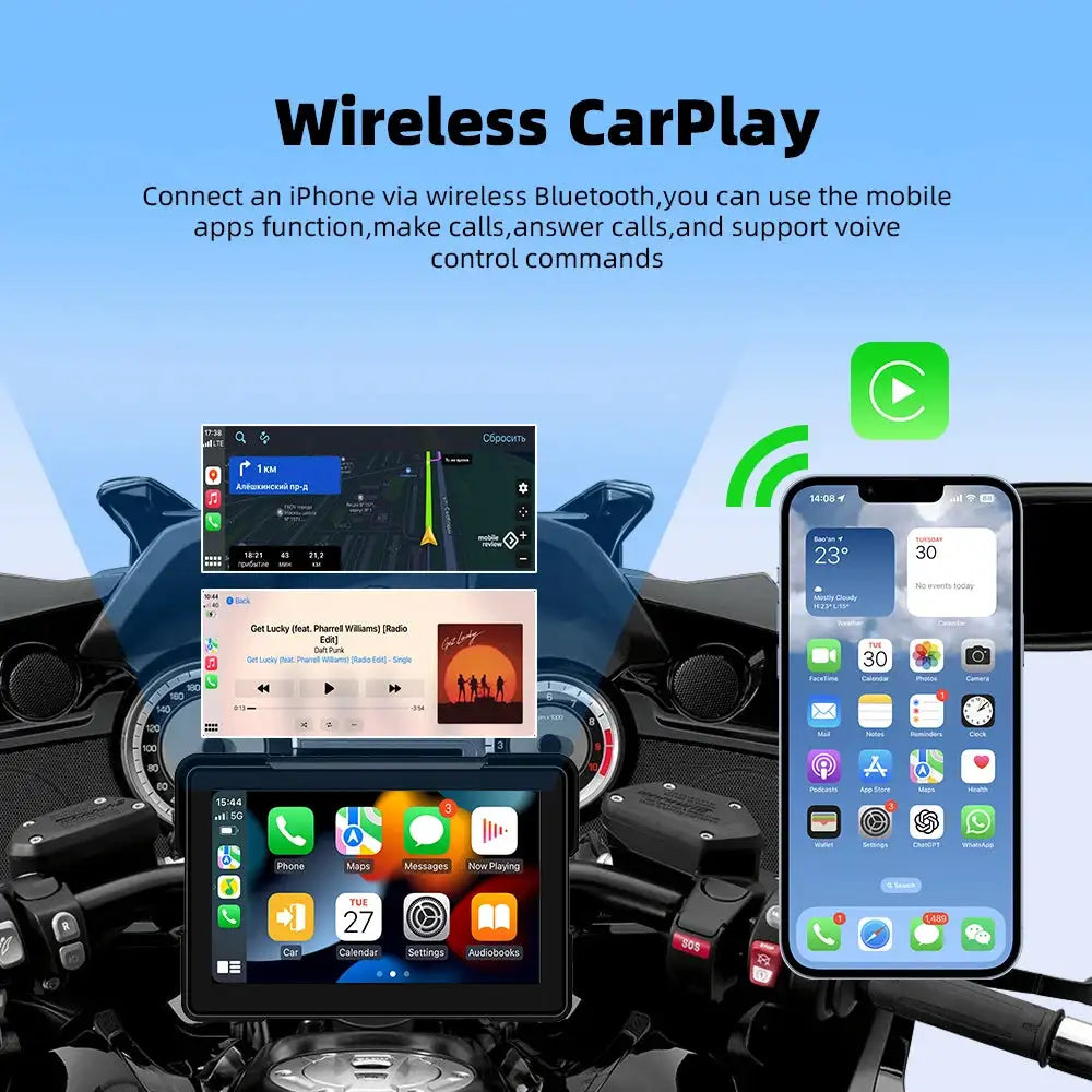 EKIY 7.0" Wireless CarPlay Moto Android Auto Portable Digital Dashboard GPS Motorcycle Navigation Display Screen Monitor TPMS