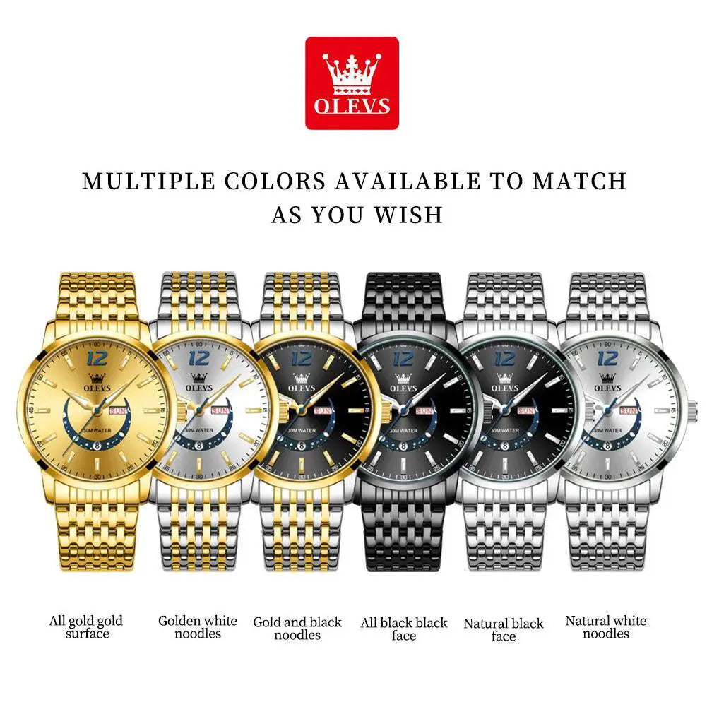 OLEVS Mens Crescent Quartz Watch Water Resistant Timepiece
